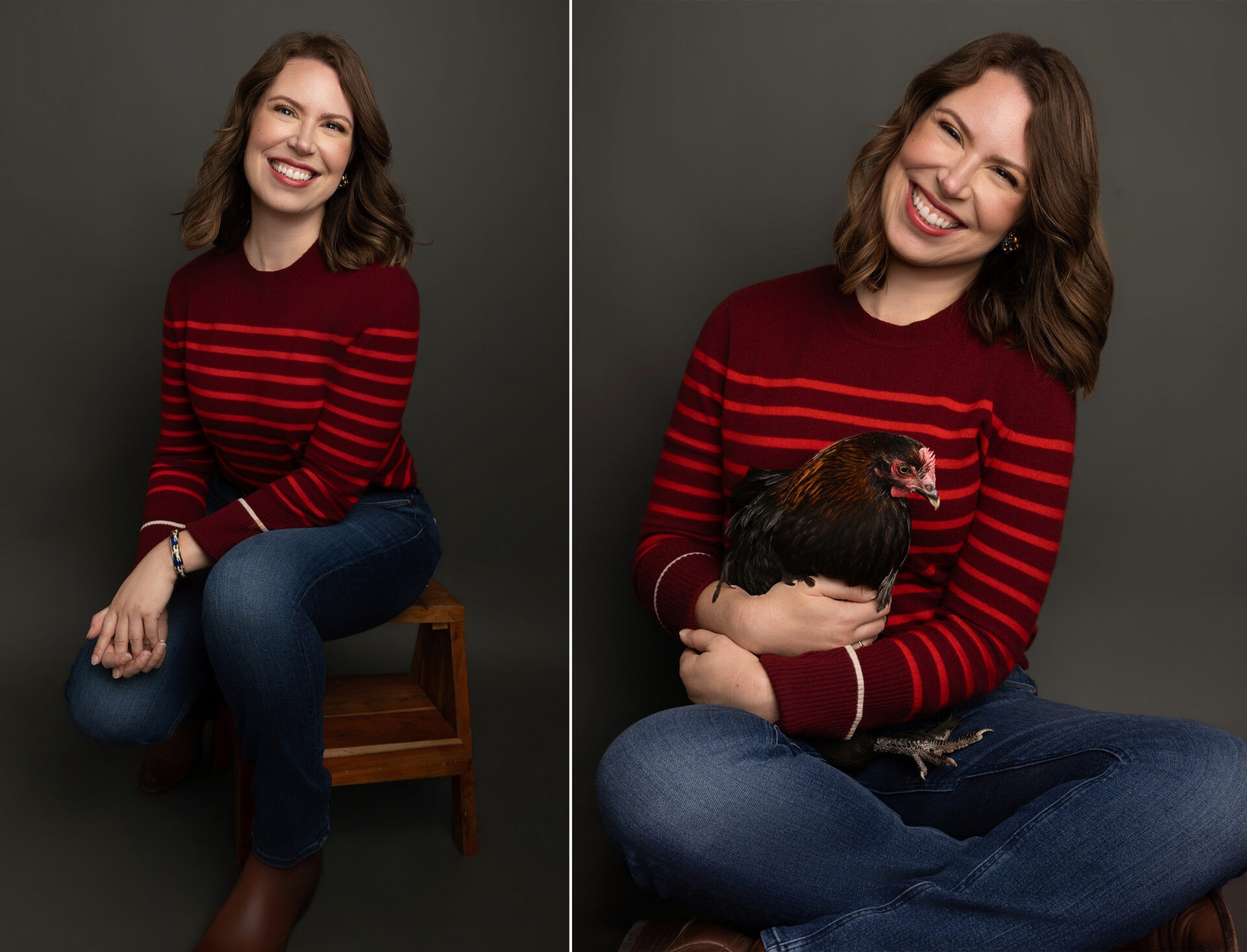 Two pictures of Sara sitting against a dark background, wearing a burgundy and red striped sweater and smiling. In the left photo, she holds a French black copper maran (chicken).