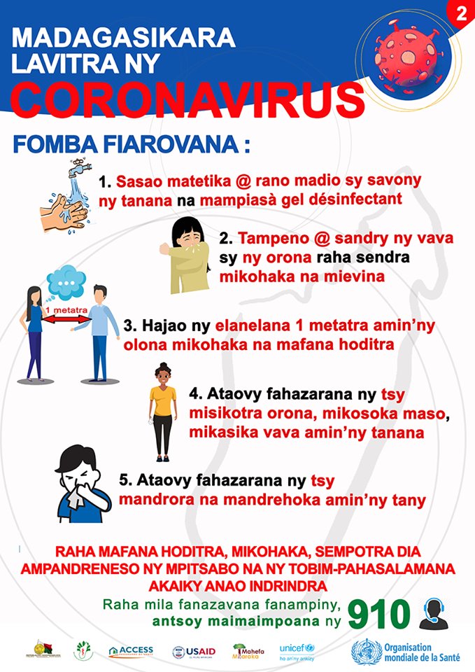 Coronavirus prevention poster written in Malagasy