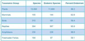 Table showing high rates of endemic species in Madagascar across animal groups