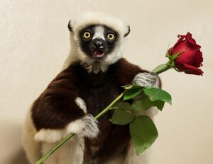 lemur holding a red rose