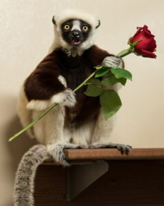 lemur holding a red rose