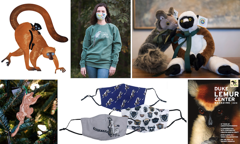 collage of merchandise: green sweatshirt, stuffed animals, face masks, and ornaments