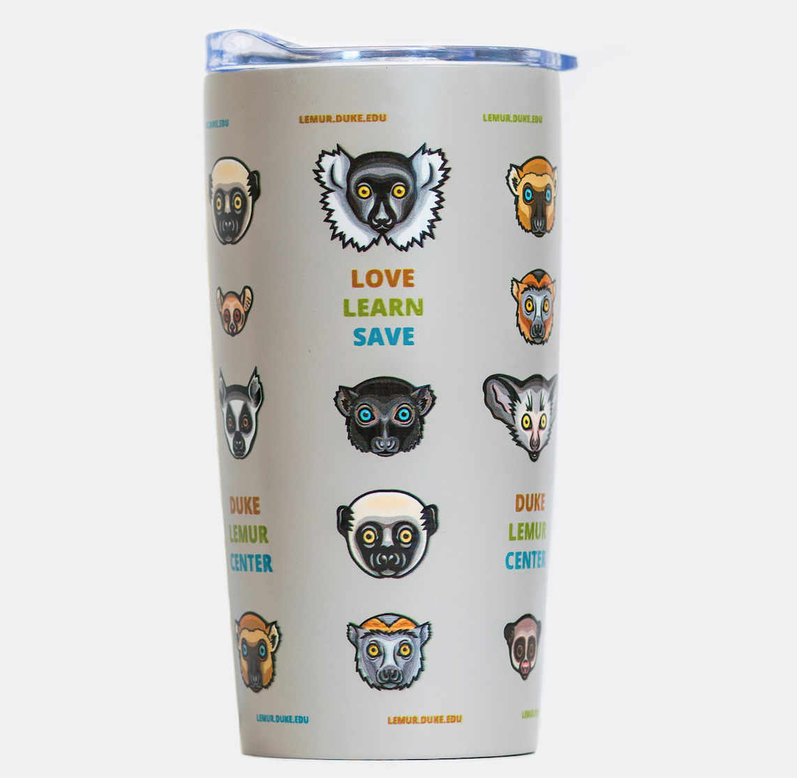 picture of a coffee tumbler with lemur faces illustrations