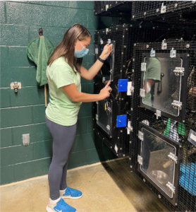 Woman standing in front of cages with measuring tape