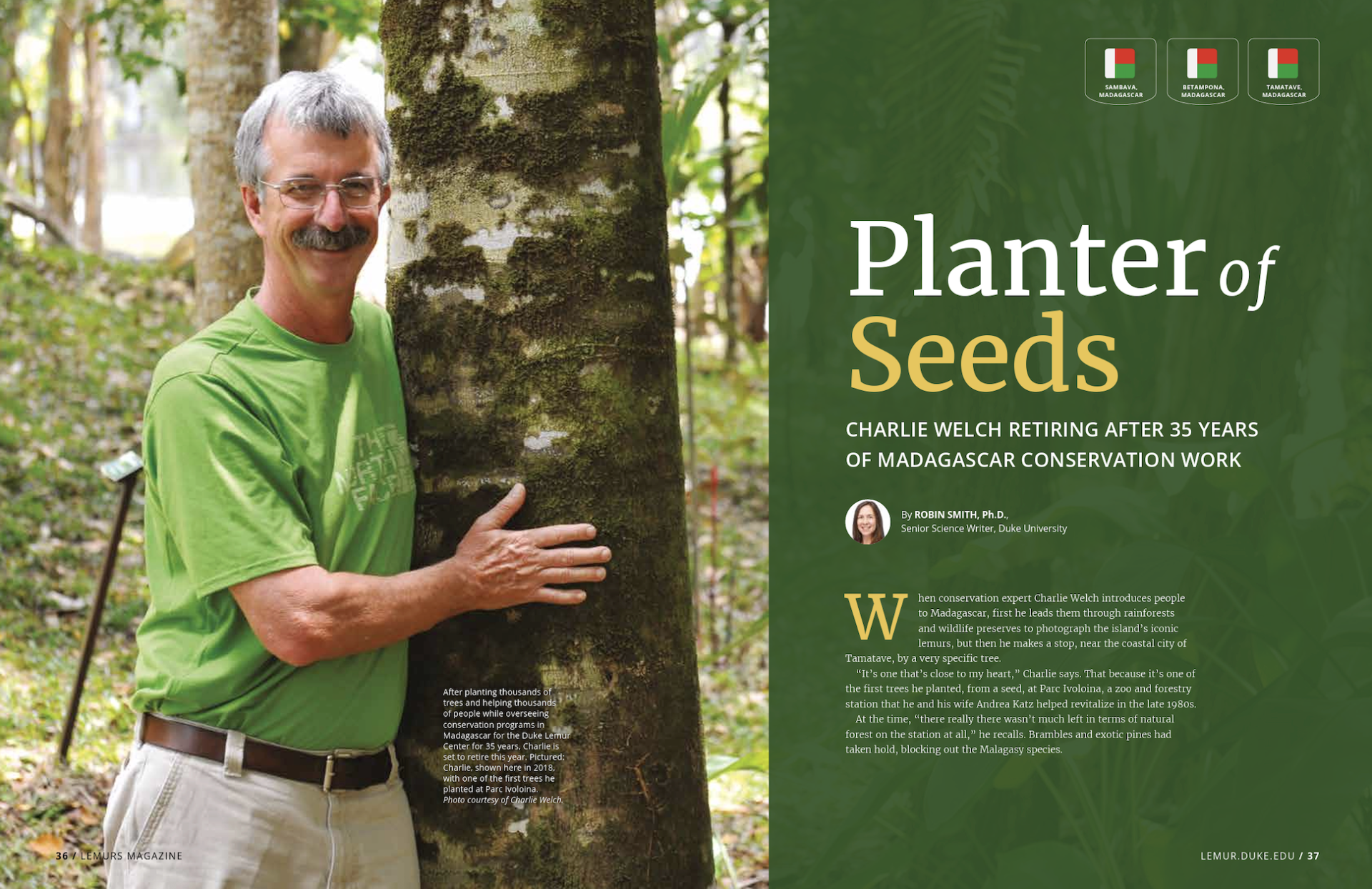 A spread of an article titled "Planter of Seeds." The left panel is a picture of Charlie "hugging" the trunk of a tree and the right is the text of the article below.