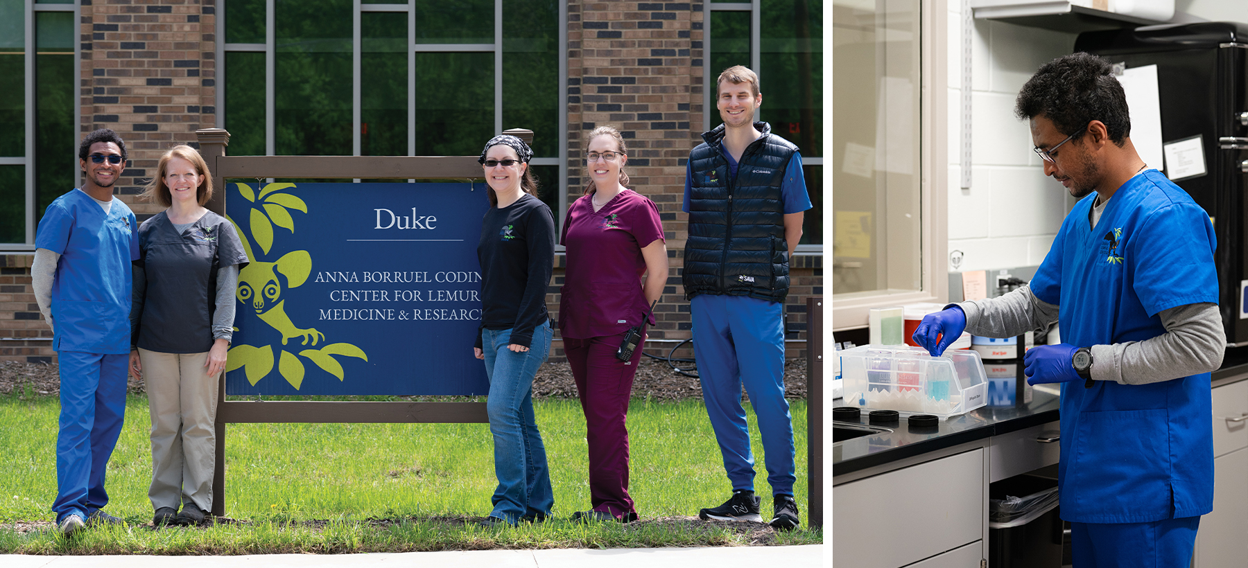 The veterinary team in front of the Borruel Center (left), and visiting veterinarian Santatra in the vet lab (right).
