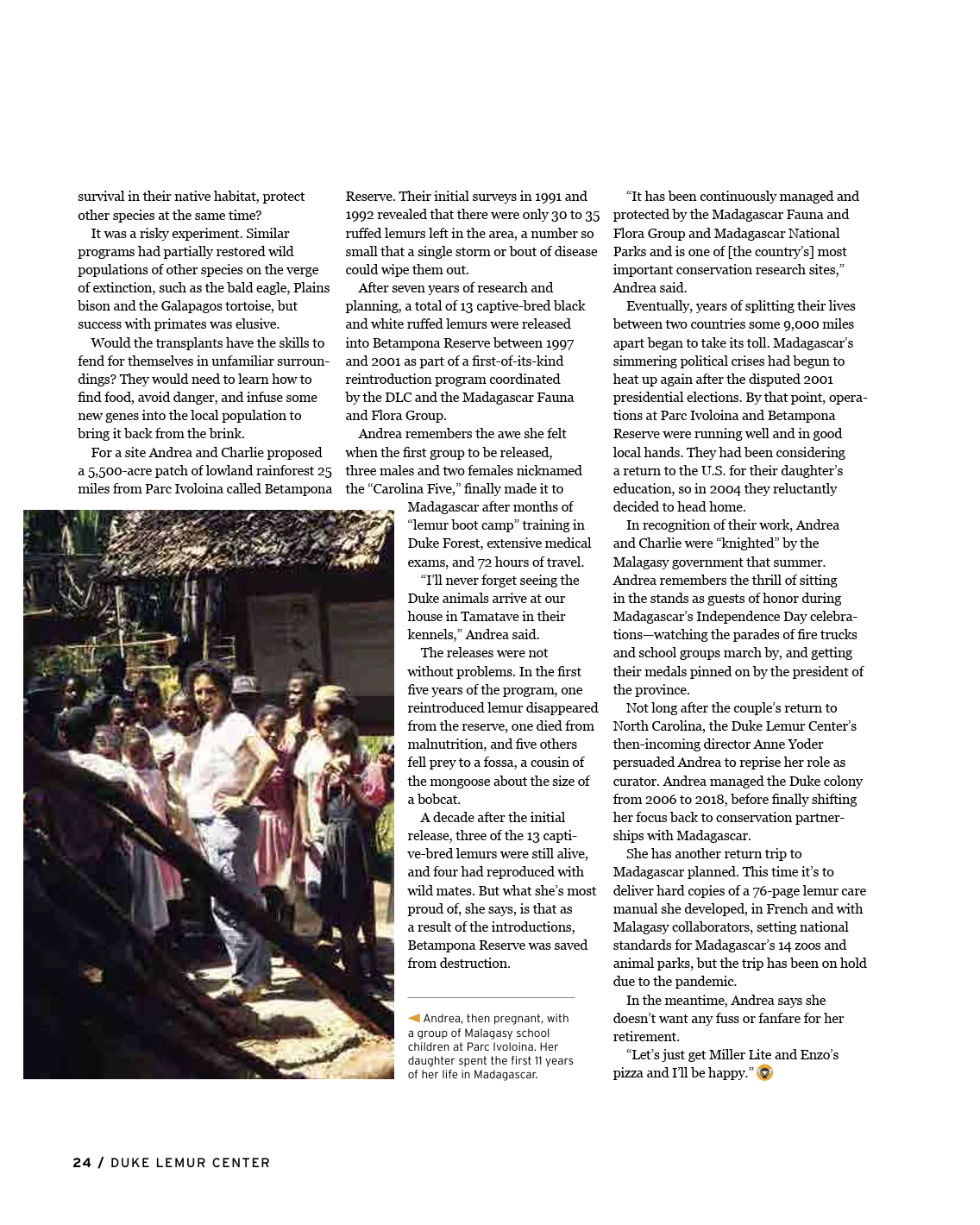 The final page of the article, featuring a photo of Andrea with a group of Malagasy schoolchildren.