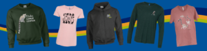 A line of merchandise items: crewneck sweatshirt, feminine fit shirt, hoodie, long sleeve shirt, short sleeve shirt.